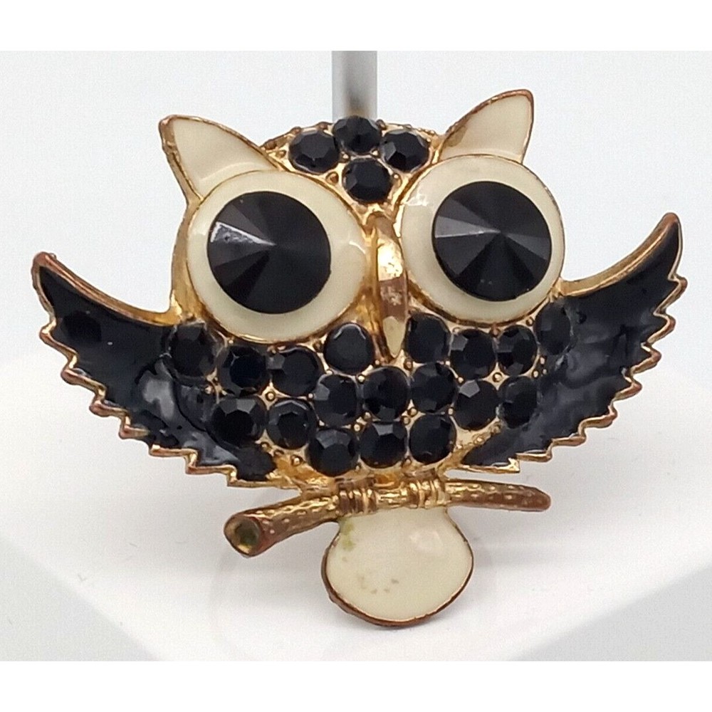 Vintage Owl On Branch Ring Black Rhinestones White Enamel Gold Tone Adjustable